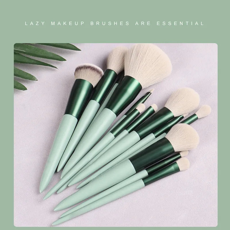 Green 13-piece makeup brush set with fibre wool bristles metal aluminium ferrules and natural wood handles