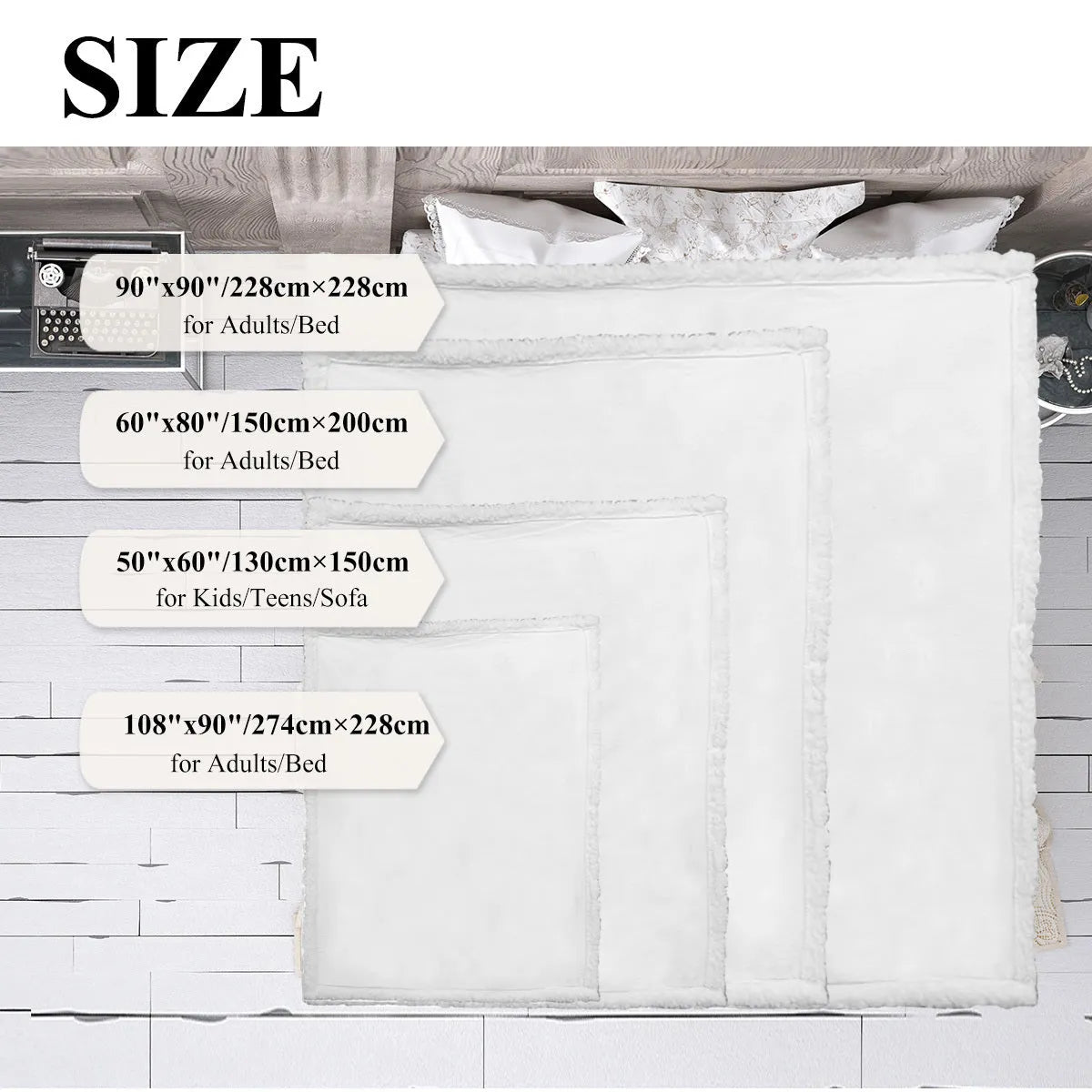 White Sherpa fleece blanket with tree leaf mushroom pattern, sized 130x150cm, on a sofa