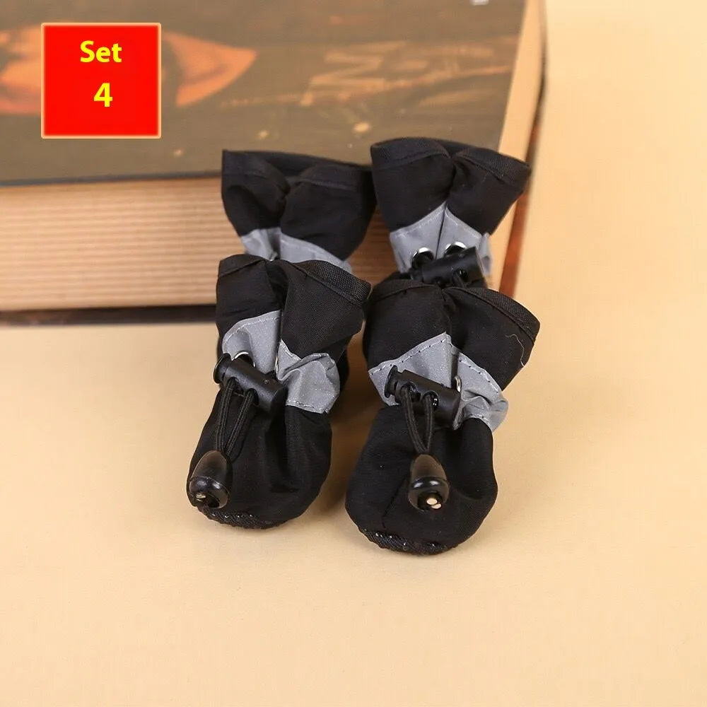 Dog shoes with soft soles in multiple colours including rose red, black, blue and monkey print designs