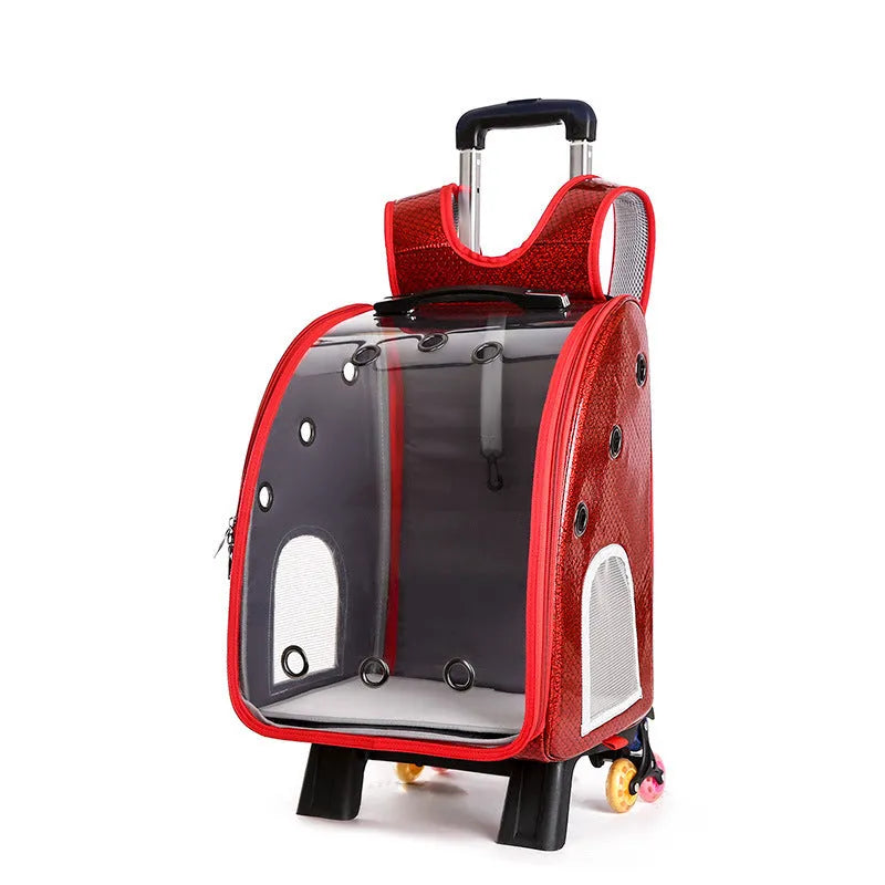 Transparent pet trolley bag for small dogs with foldable shoulder design and Oxford cloth construction
