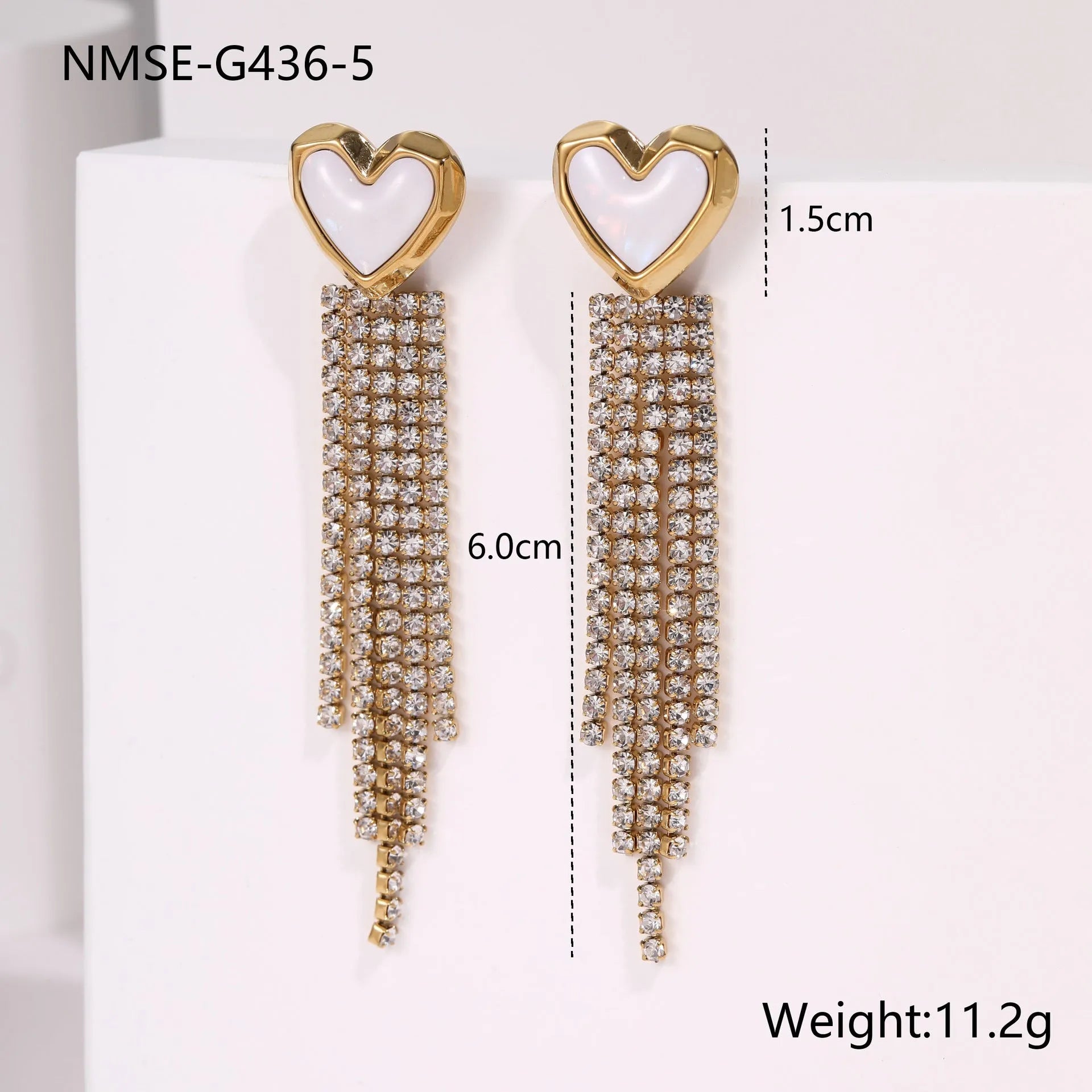 Stainless steel earrings with love heart and star geometric designs featuring diamond tassel drops and 18K electroplated finish