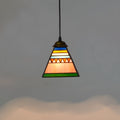 Small art stained glass droplight pendant light with coloured glass shade and iron ceiling plate.