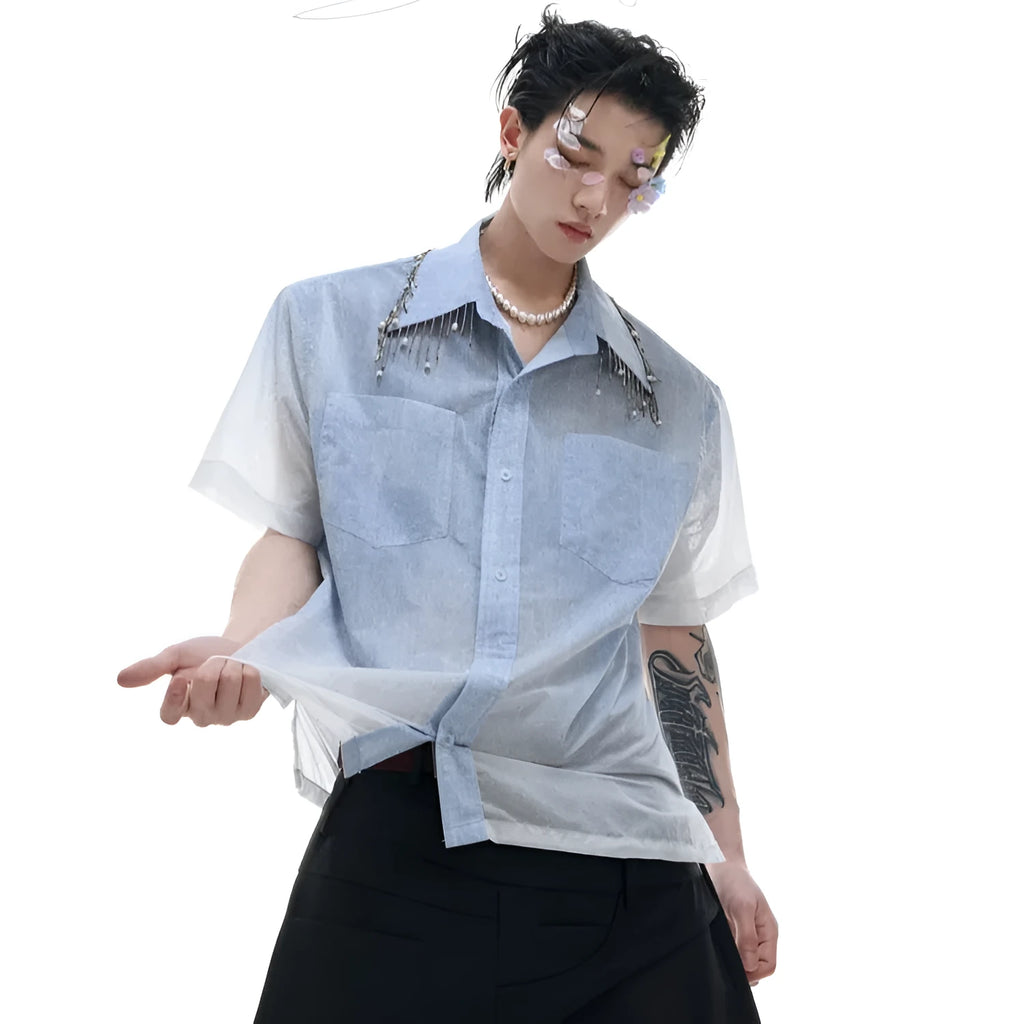 Blue and white gradient loose fit men's short sleeve casual polyester shirt