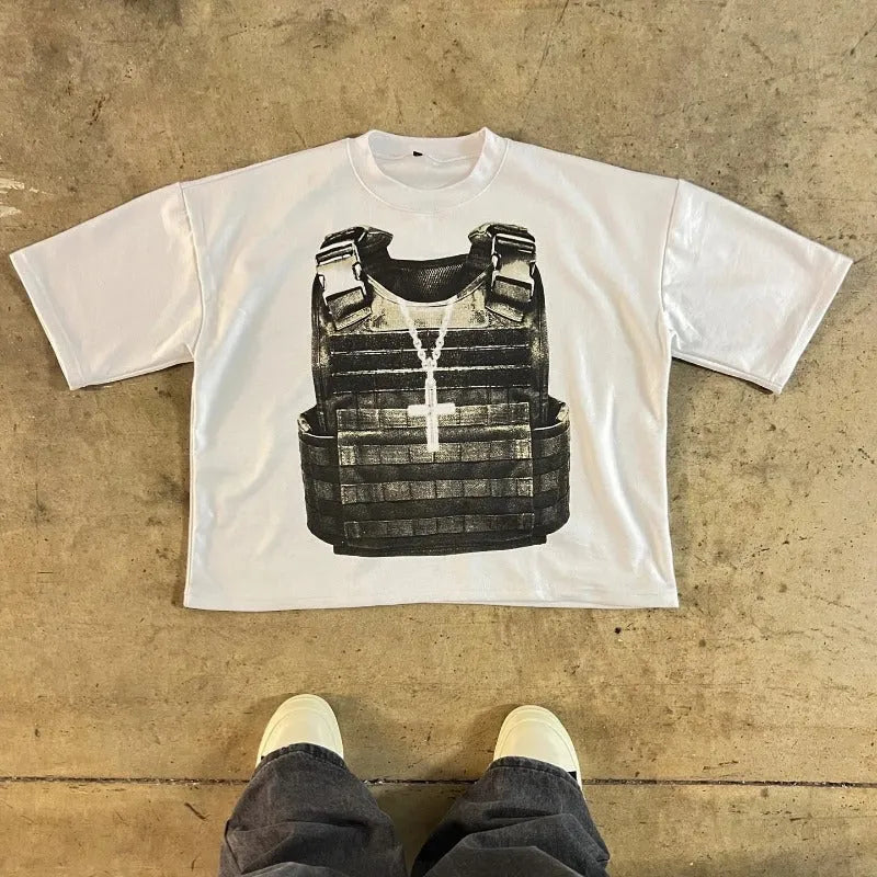 Retro style printed cotton short sleeve t-shirt with drop-shoulder sleeves on a neutral background.