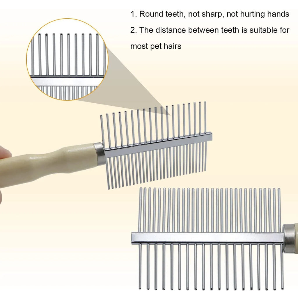 Wooden handle pet grooming comb for dogs and cats with smooth polished needles