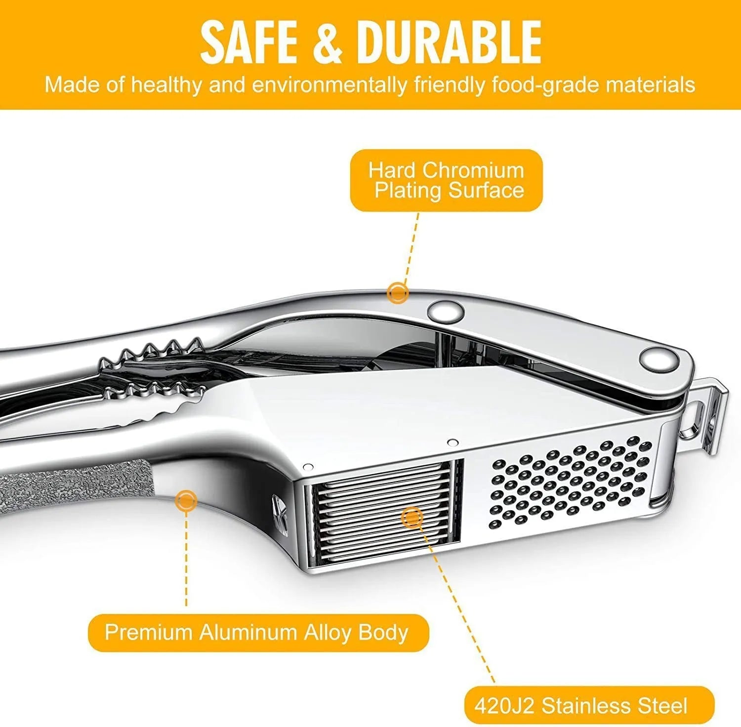 Two-in-one aluminium alloy garlic press with silicone peeler cleaning brush on a kitchen surface