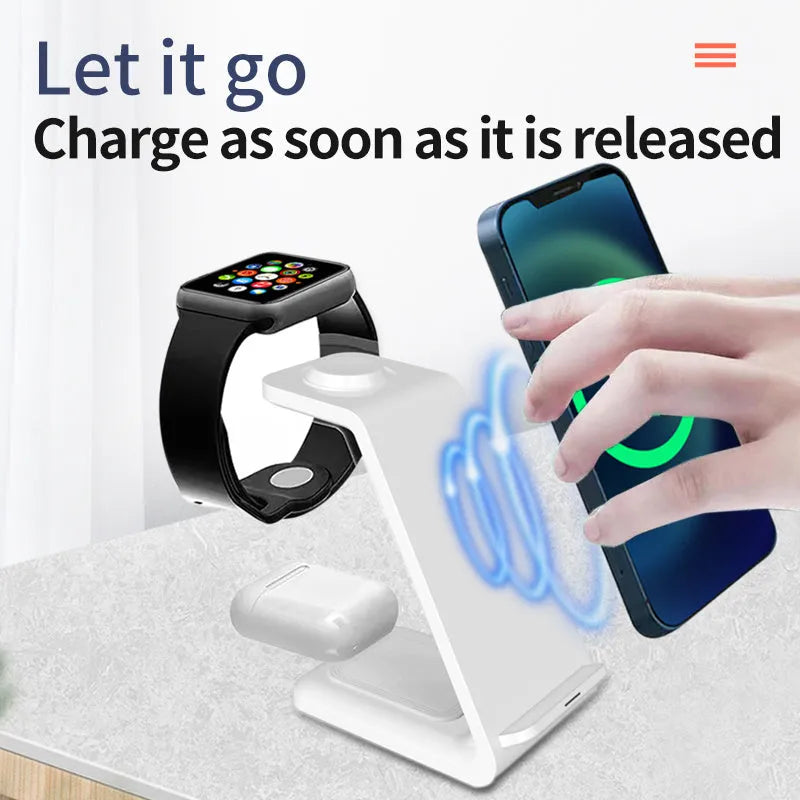 White 3-in-1 upright wireless phone charger with dual coils and Type-C cable on desk