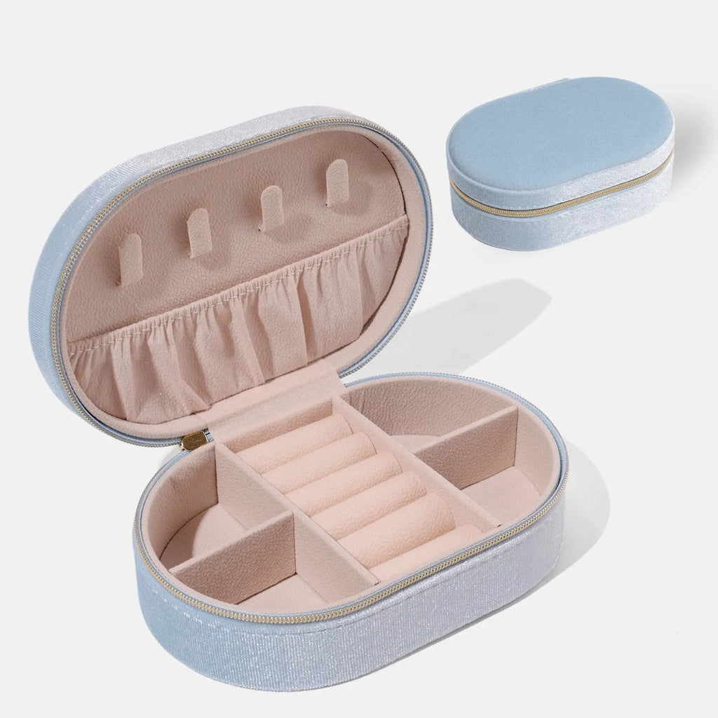 Oval velvet jewellery storage box with flannel lining in multiple colour options
