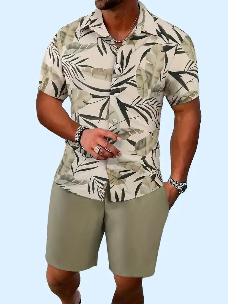 Men's 3D printed Hawaii-style short sleeve top and matching shorts casual summer suit