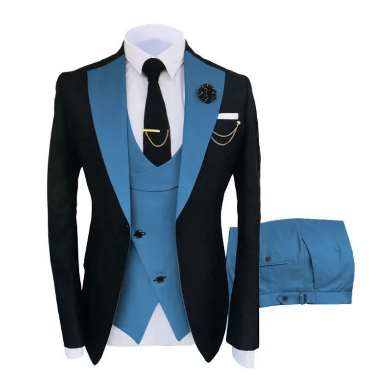 Men's slim fit three-piece business suit in black, shown with coat, vest, and trousers.