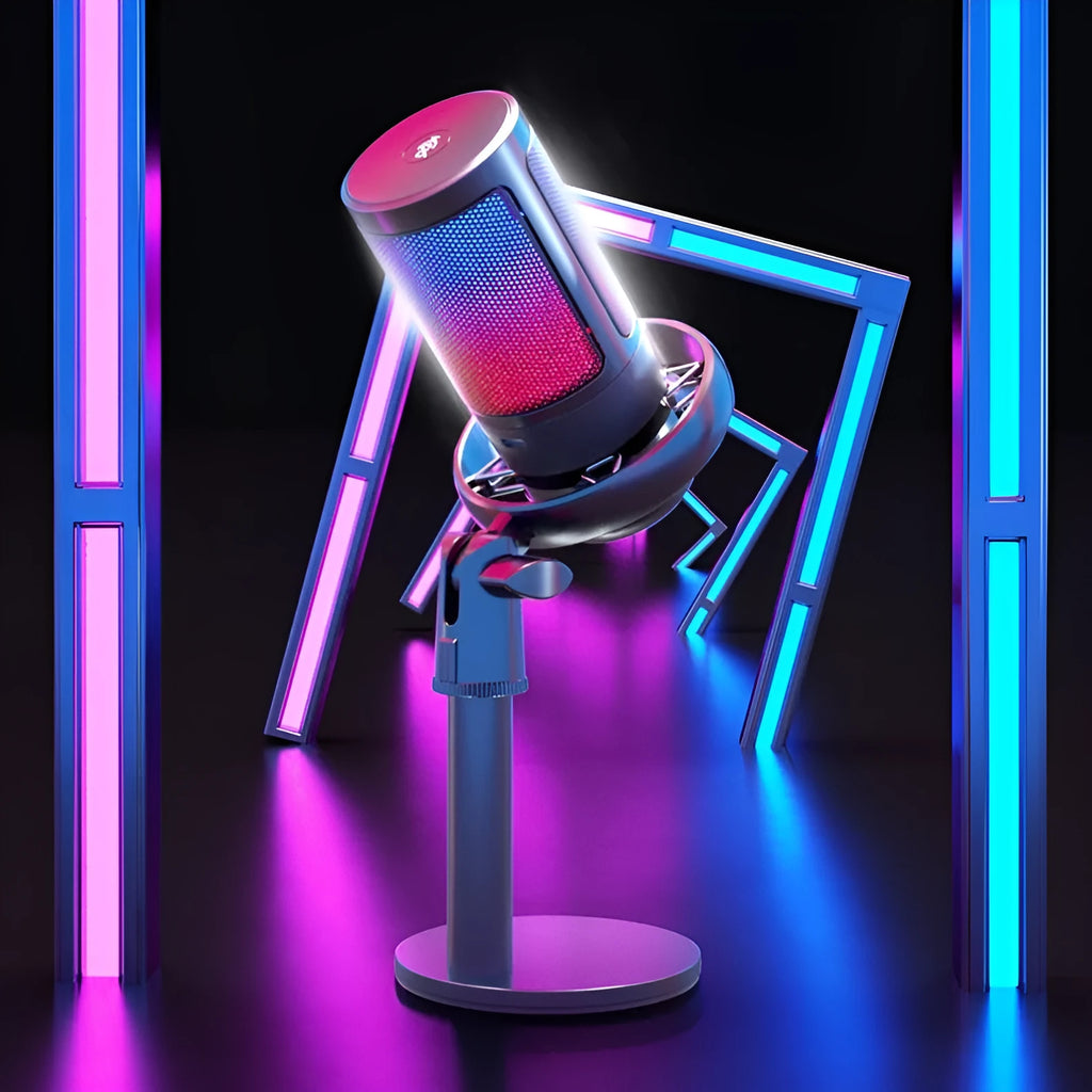 USB condenser microphone with colourful design showing heart-shaped polar pattern indicator