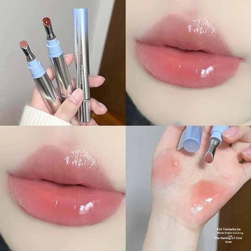 Mirror Water Light Fashion Personality Lip Gloss Lipstick case in one of six Ice shades: Almond, Silver, Pear, Raspberry, Peach Gum, or Pomegranate.
