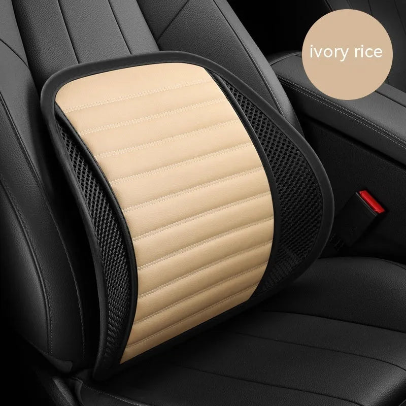 Leather car lumbar support waist back cushion pillow shown in different colours.