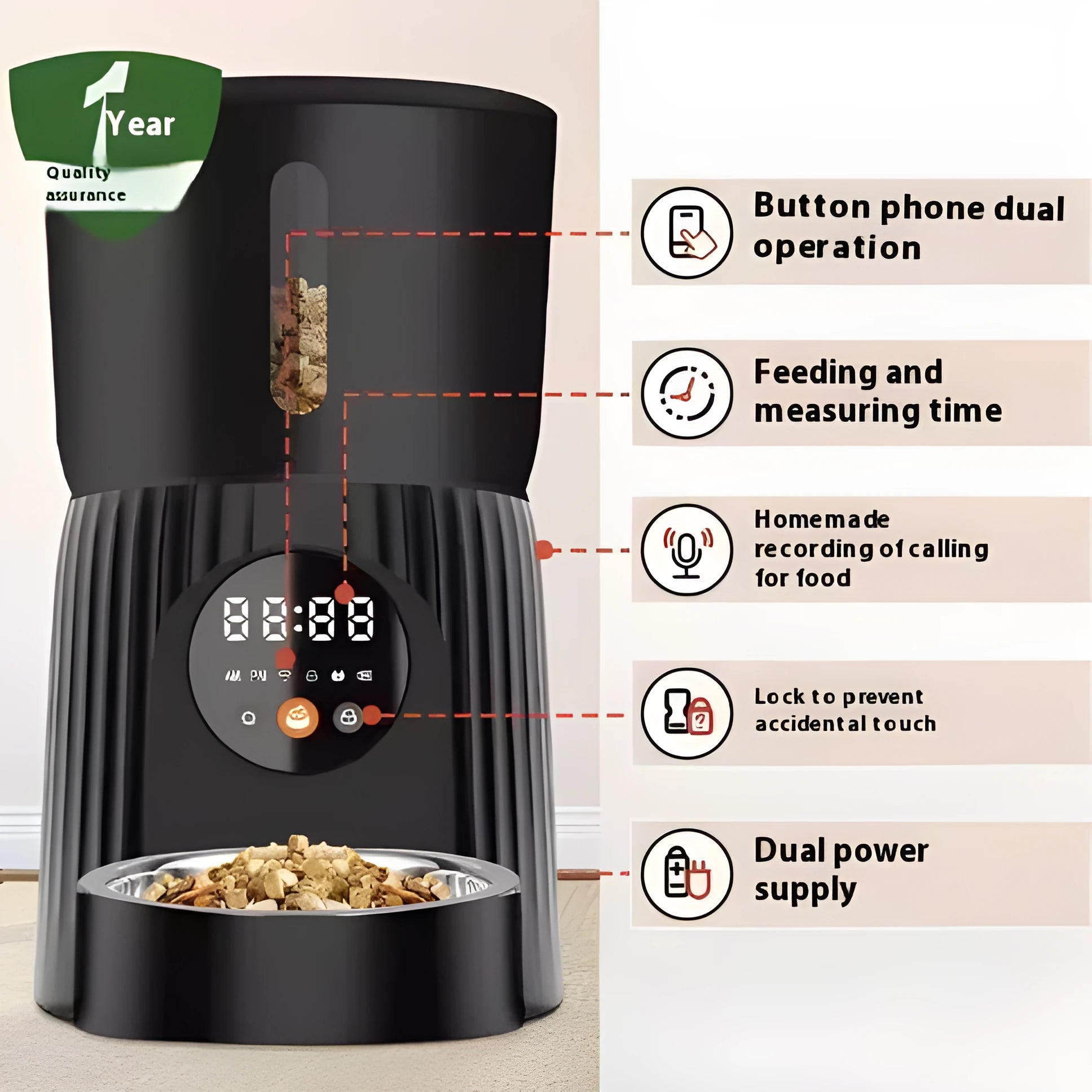 Black intelligent pet feeder with USB cable connection and food dispenser opening