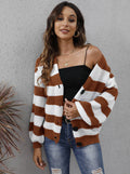 Women's striped cardigan in deer plush polyester with button front and woven stitching detail