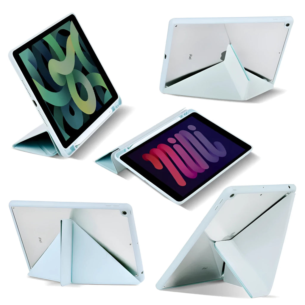iPad protective case in Y-fold bracket position showing imitation leather finish and pen slot