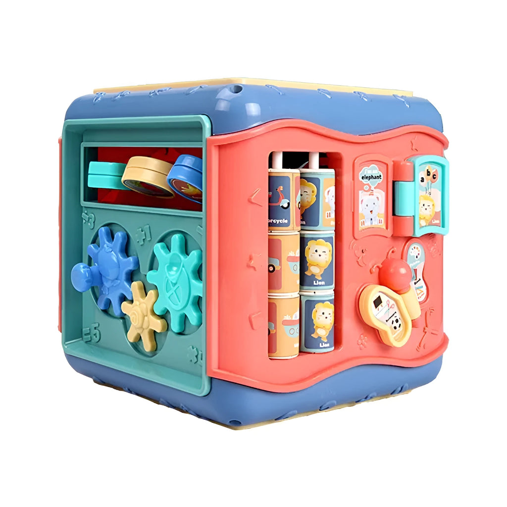 Colourful hexahedron educational toy with six different Montessori activity faces including bead maze and clock
