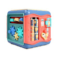 Colourful hexahedron educational toy with six different Montessori activity faces including bead maze and clock