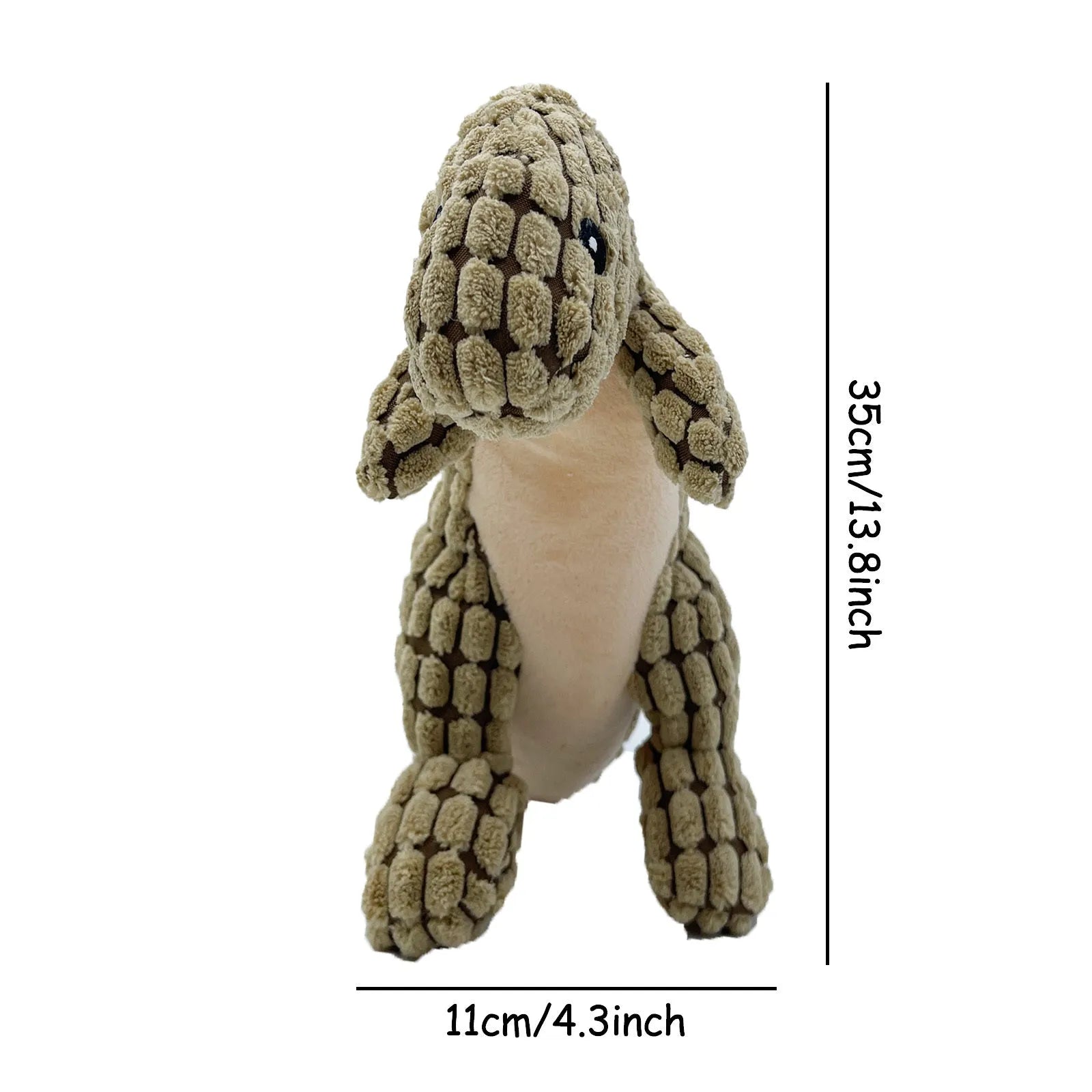 Grey, green, and orange coloured dog chew toy with sound, shown with size scale.