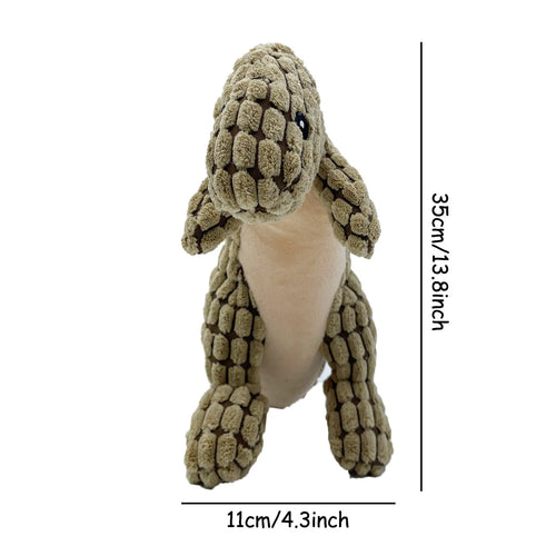 Grey, green, and orange coloured dog chew toy with sound, shown with size scale.