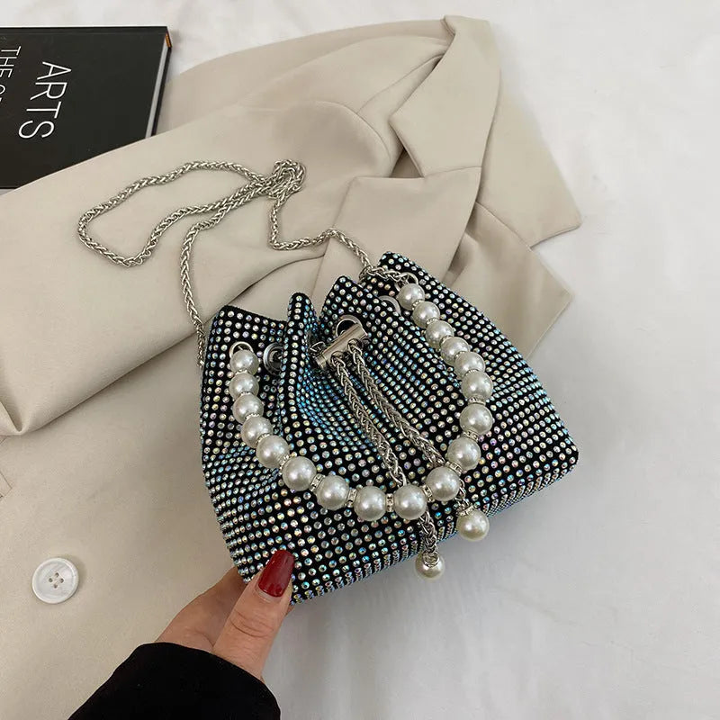 PU shoulder bag with diamond detailing and chain crossbody strap