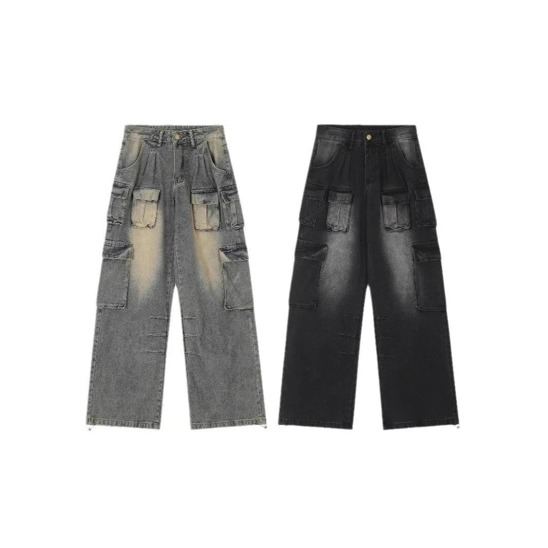 Loose fit denim pants with multiple pockets in washed distressed light blue finish