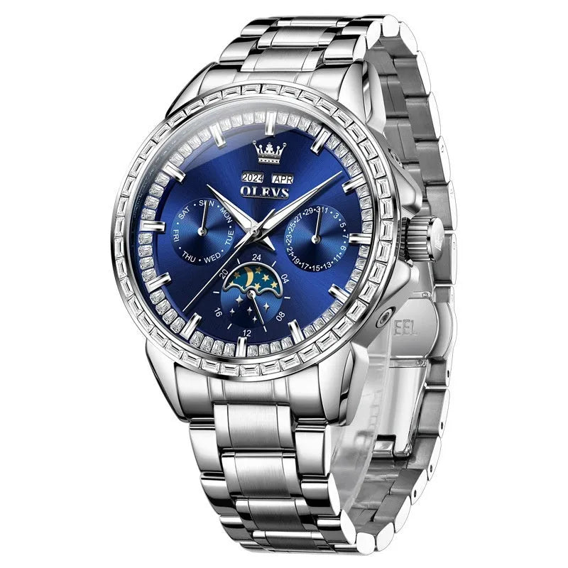 Men's automatic mechanical watch with diamond dial on stainless steel strap