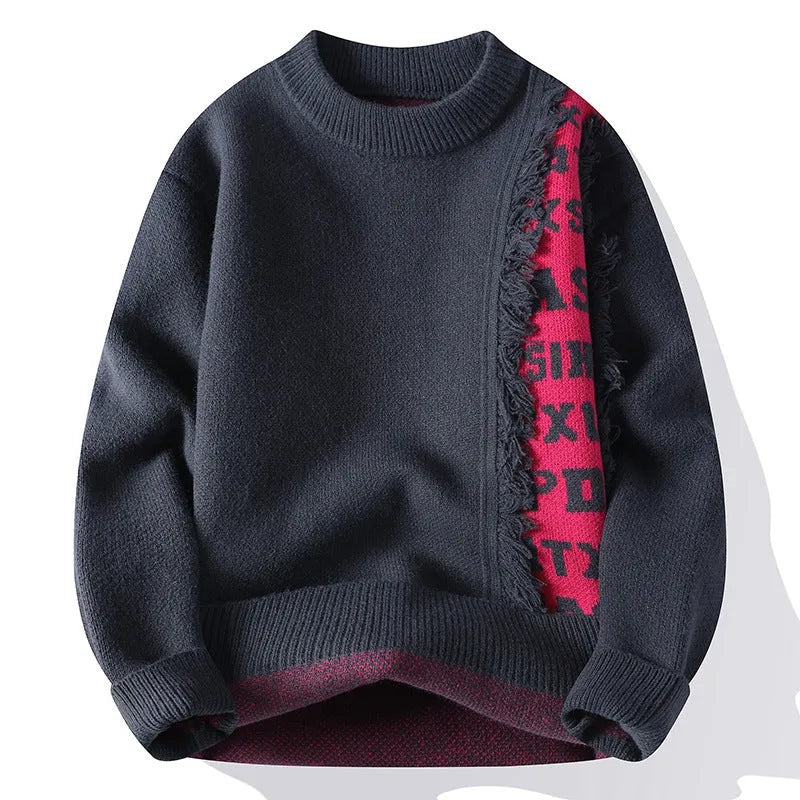 Men's loose fit knitted pullover sweater with ribbed hemline in white grey black red colours