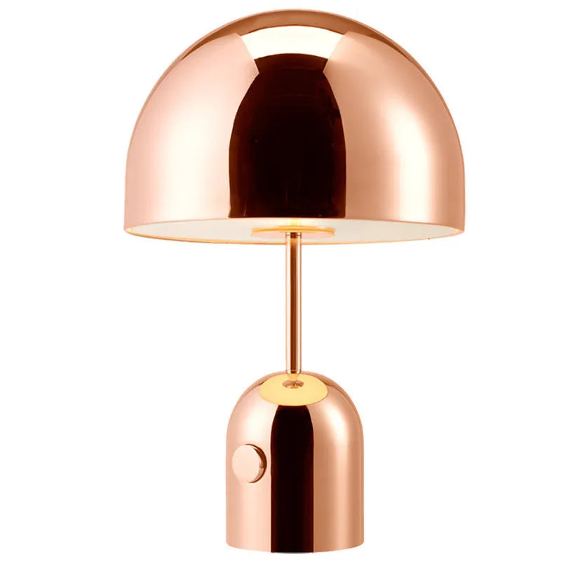 Mushroom-shaped table lamp with metal base in rose gold finish