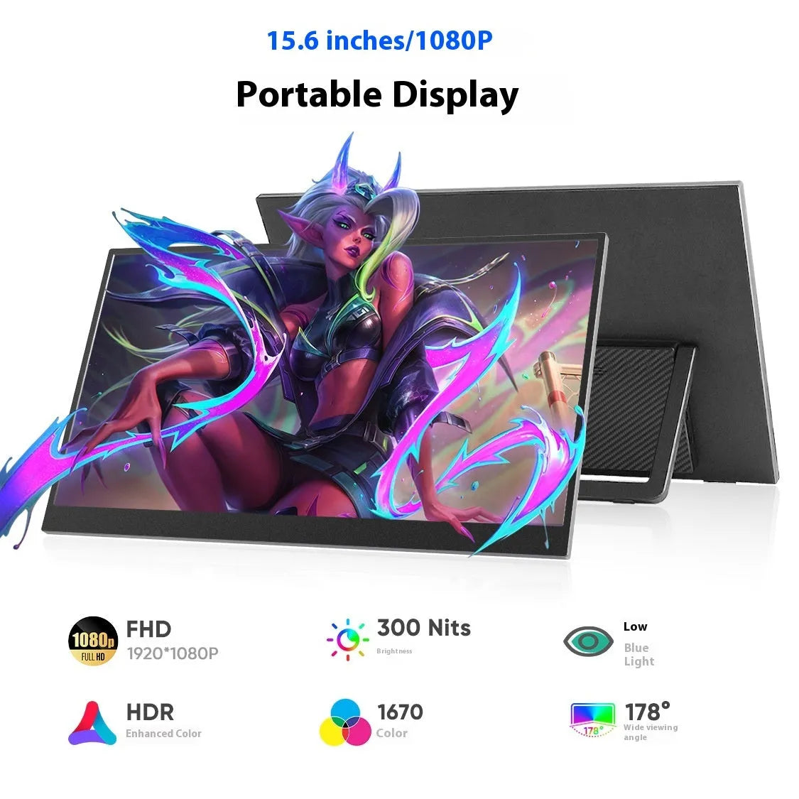 Black 15.6-inch portable monitor on an adjustable stand showing a desktop display.