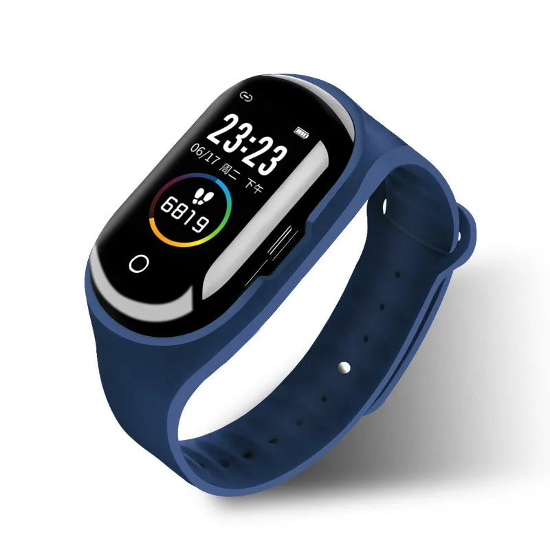 Smart bracelet and earphone combo with silicone wristband in choice of colours showing 1-inch screen