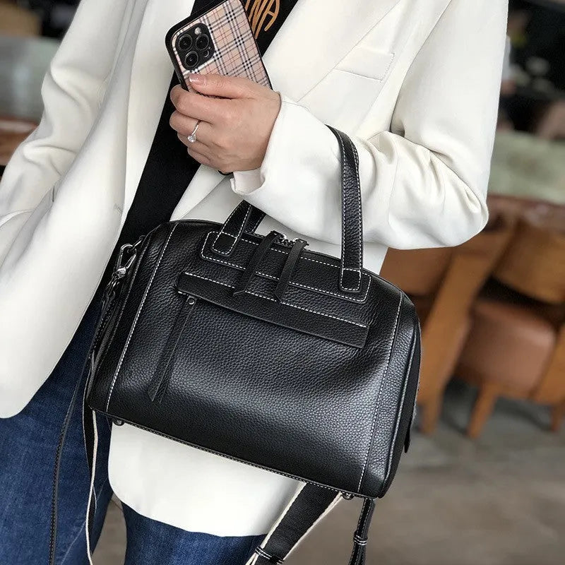 Genuine leather Boston lychee pattern shoulder messenger bag open showing internal compartments