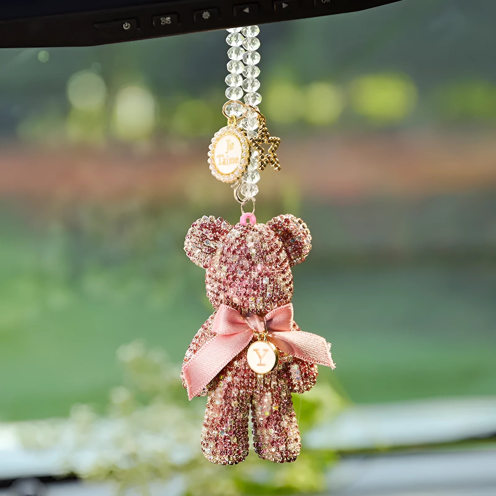 White violent bear car rearview mirror pendant with diamond rhinestones measuring 5x9cm