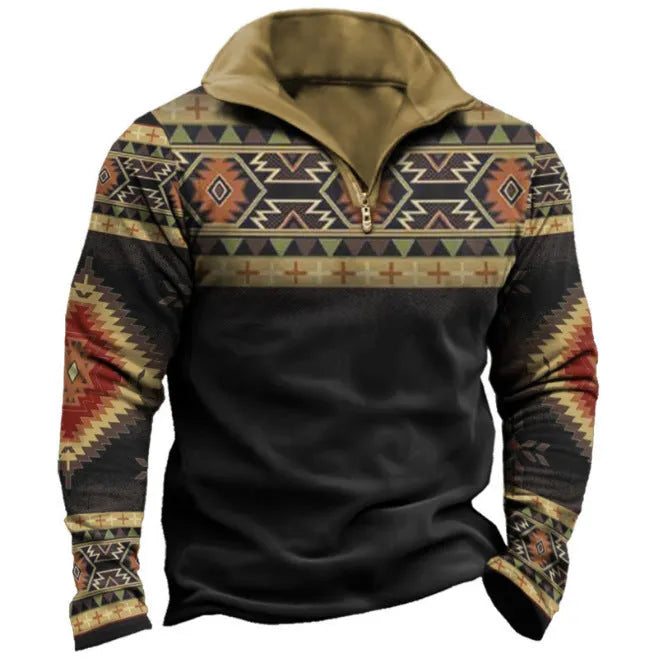 Man wearing a loose-fit, long-sleeve retro printed t-shirt with stripes and zipper decorations.