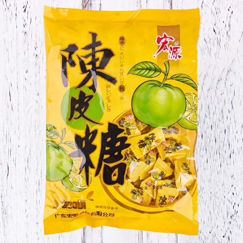 Assortment bag containing three separate packets of Plum Sugar, Guava, and Tangerine Peel flavoured hard candy.