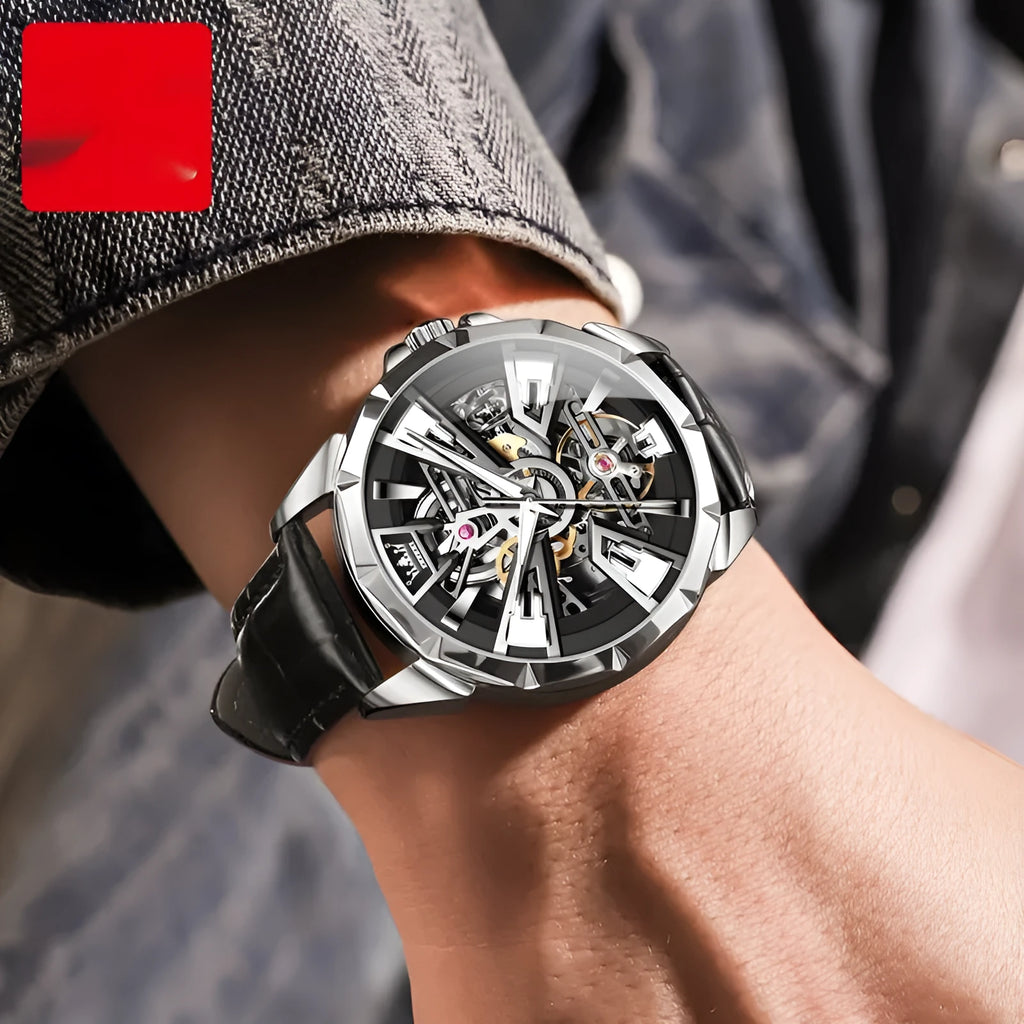 Men's automatic mechanical watch with hollow design, waterproof feature, 44mm barrel-shaped stainless steel case
