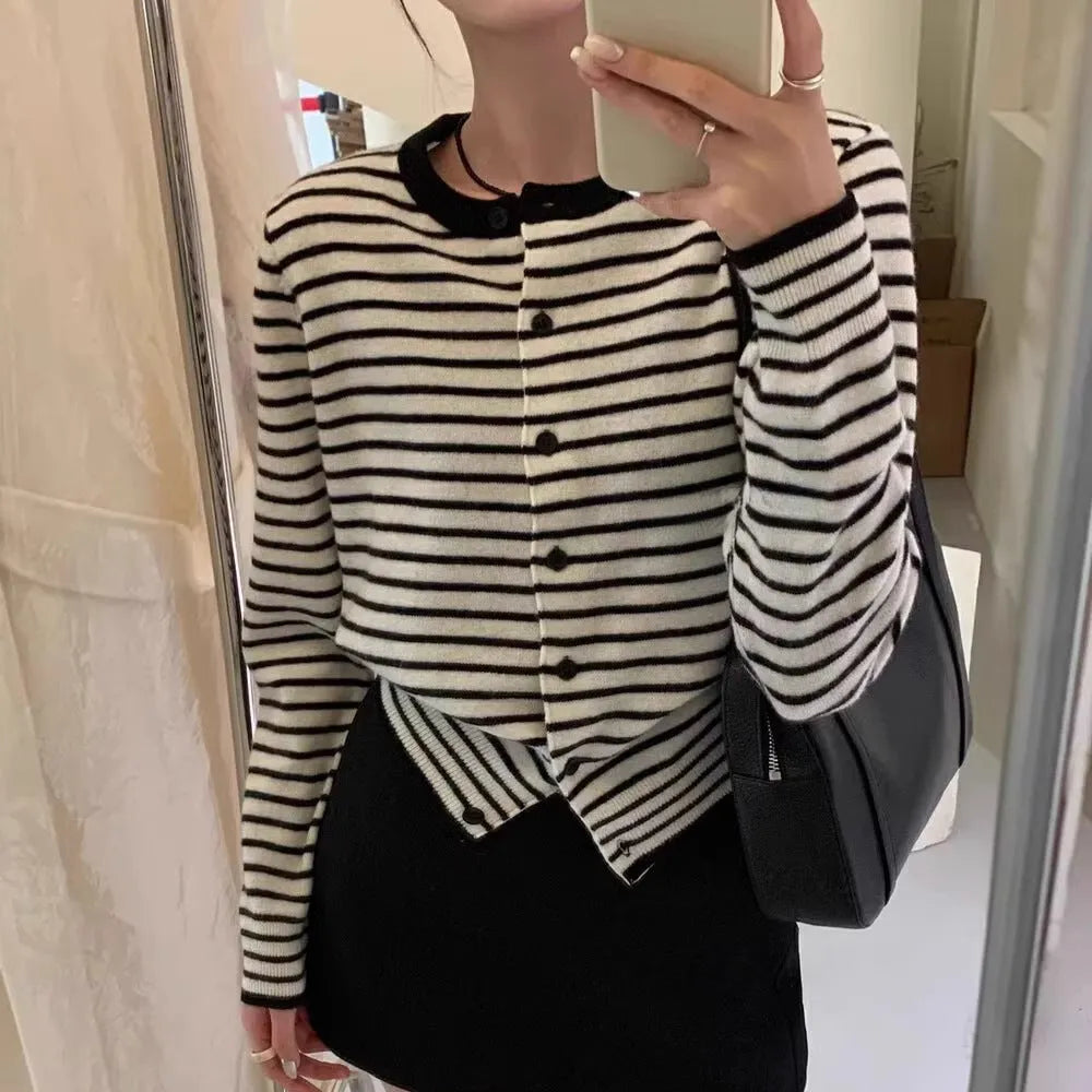 Dark grey and white striped women's slim-fit cardigan coat with long sleeves.