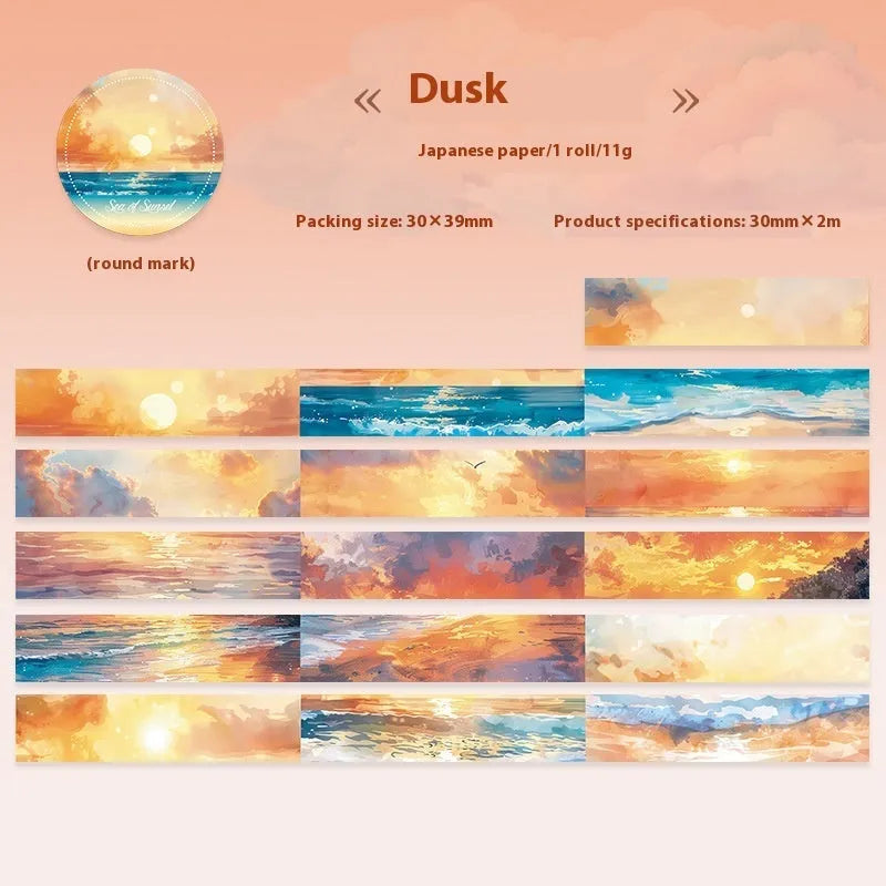 Roll of Japanese paper washi tape with sky theme designs showing colourful cloud pattern