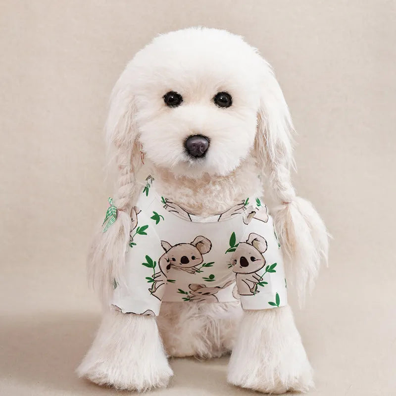 Printed dog t-shirt for small breeds with full-print design showing seasonal casual wear