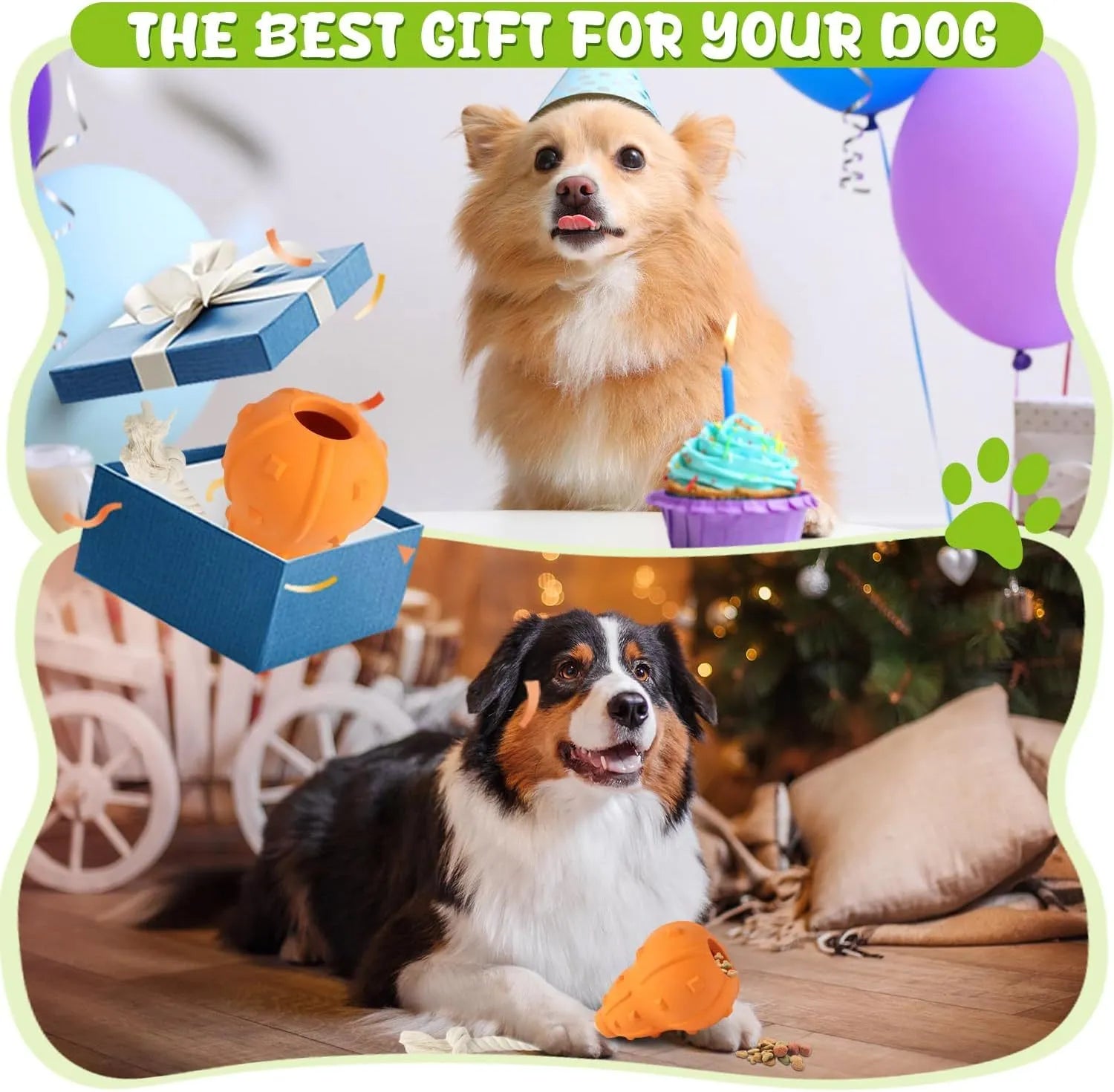 Natural rubber interactive dog toy with treat hole and strap for small and medium breed dogs