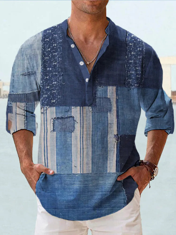 Men's long sleeve striped Hawaiian shirt in thin polyester fabric showing digital print pattern