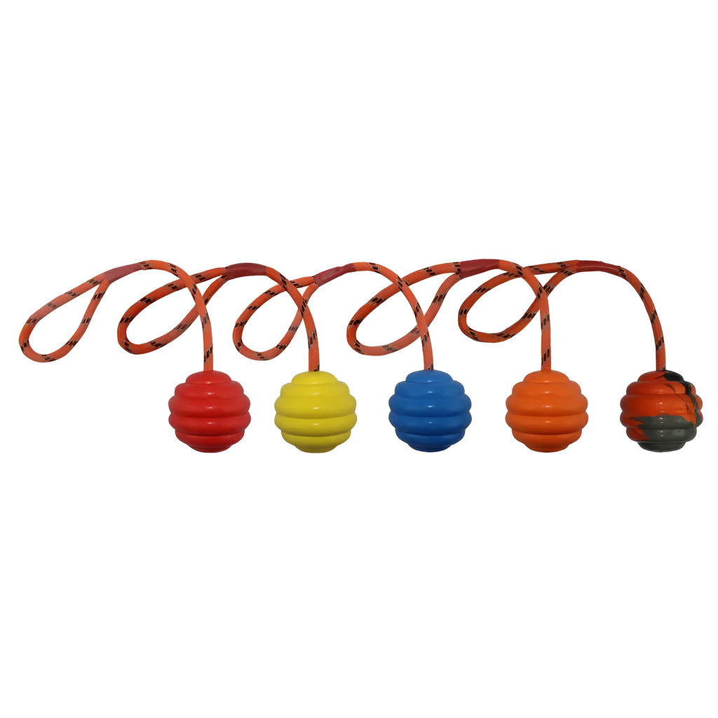 Multi-colour rubber pet ball with rope knots measuring 6x30cm for interactive chew and fetch play