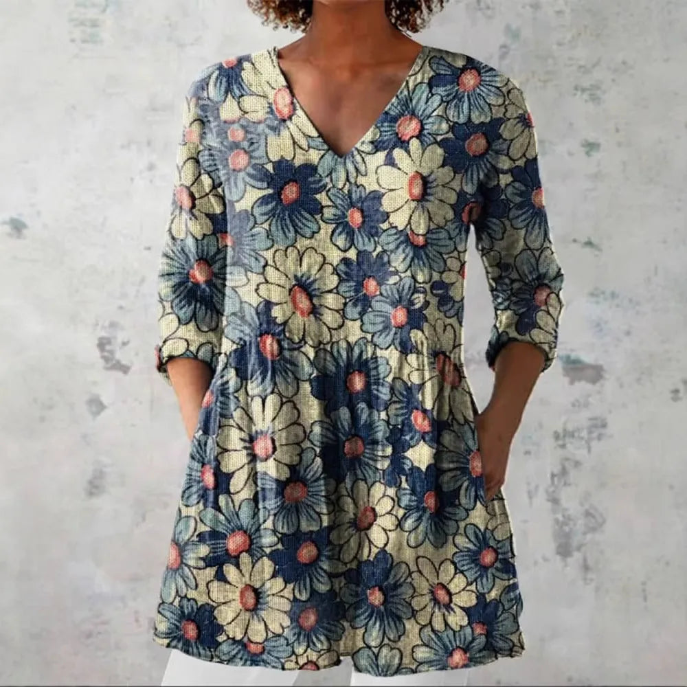 Women's slim-fit long-sleeved retro top with a digital print design on polyester fabric.