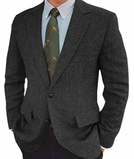 Men's brown herringbone business casual jacket with long sleeves and retro styling