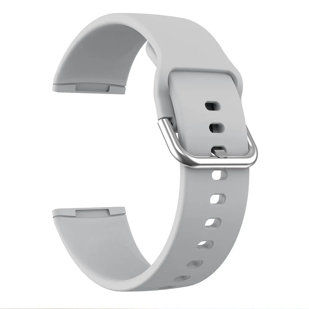 Silicone replacement strap with silver buckle for Fitbit Versa 3 and Sense 2 in a selection of solid colours.