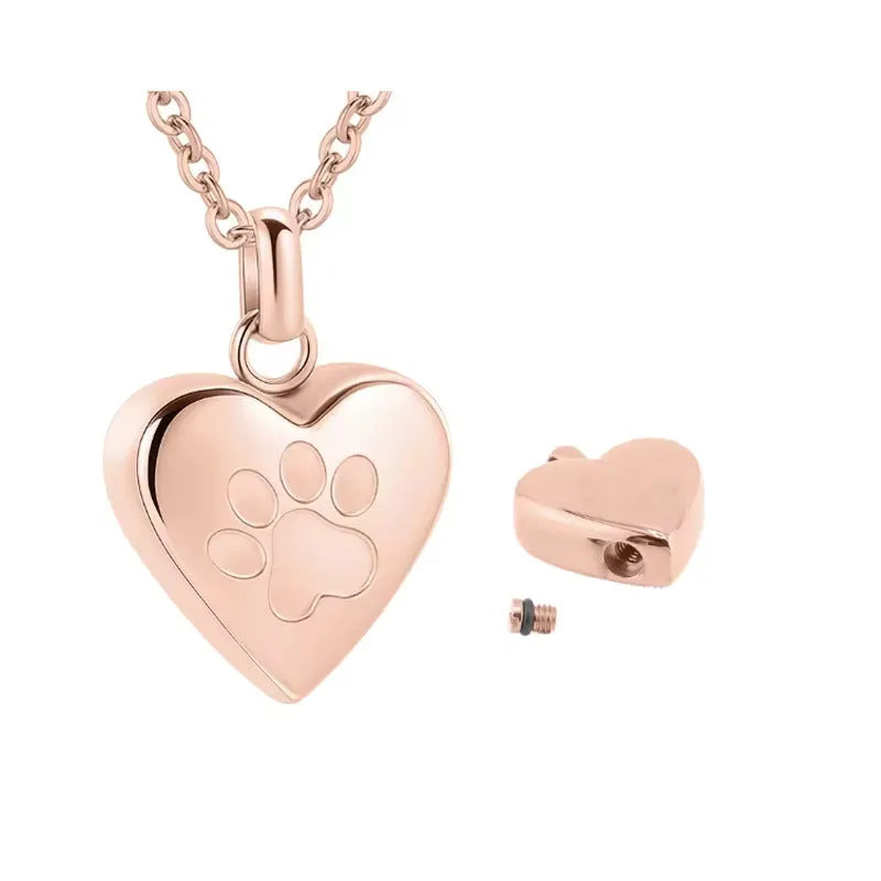 Openable heart-shaped titanium steel memorial necklace with love paw print design in silver finish.