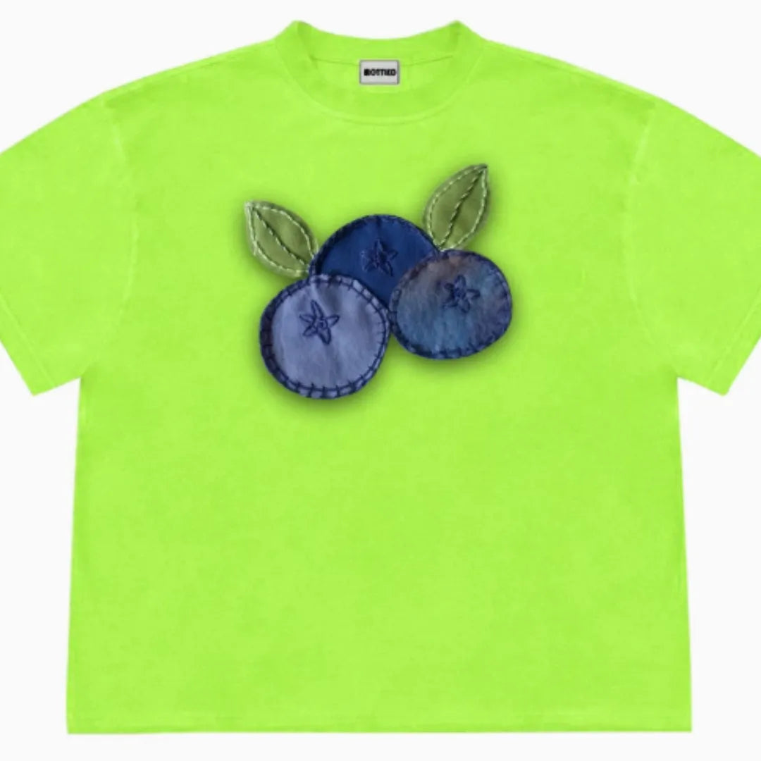 Blueberry fabric patchwork T-shirt with plant flower prints in loose fit short sleeve design
