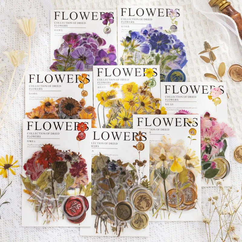 Creative dried flowers journal decoration sticker package showing eight colour variations on PET material