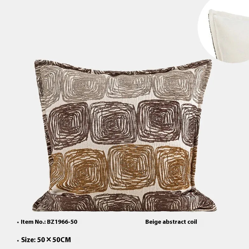 Square cushion cover with abstract coil pattern in cream and coffee colours for sofa decoration