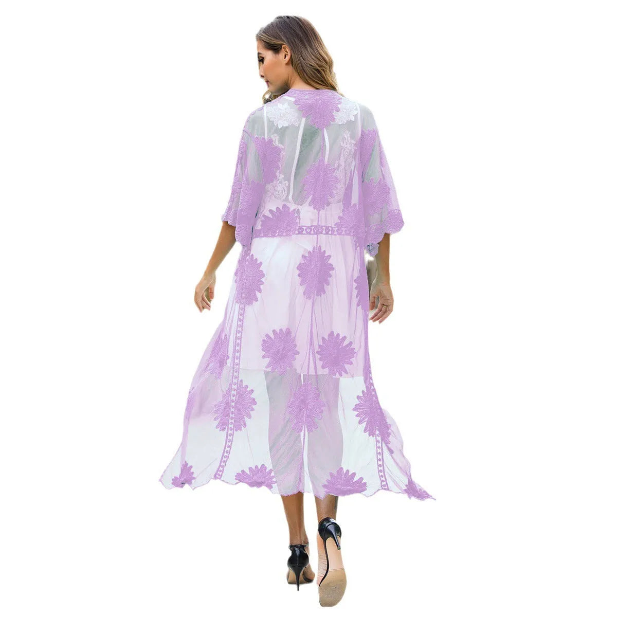 Light purple women's beach dress cardigan with lace embroidery for swimming cover-up